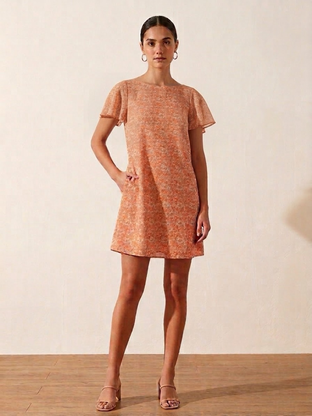 Peach Printed Flutter-Sleeve Midi Dress
